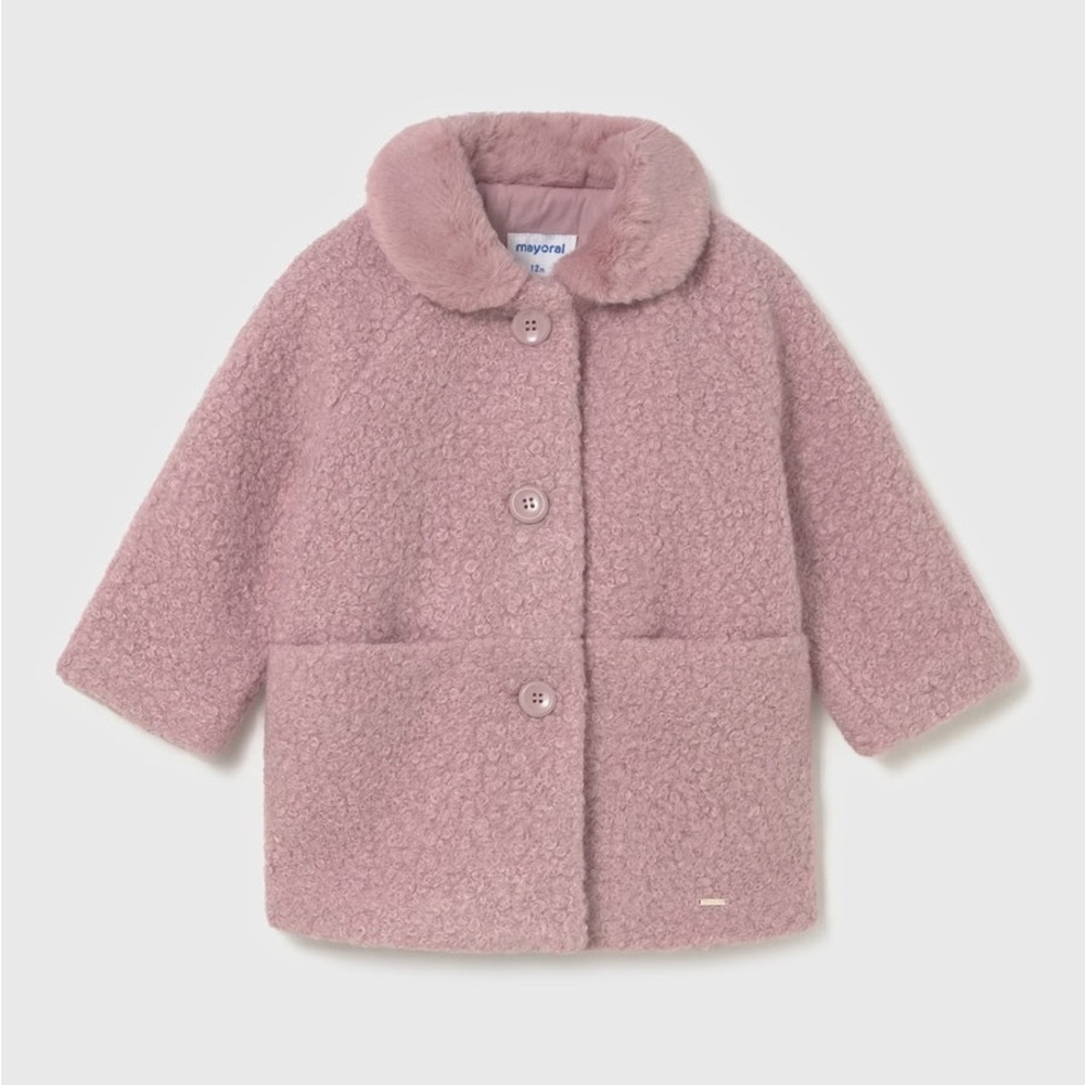 Mayoral Girls' Dusty Pink Teddy Peacoat with Faux Fur Collar